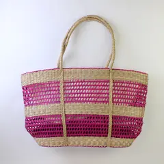 Pink Woven Sea Grass Festival Beach Bag Tote 13.5"