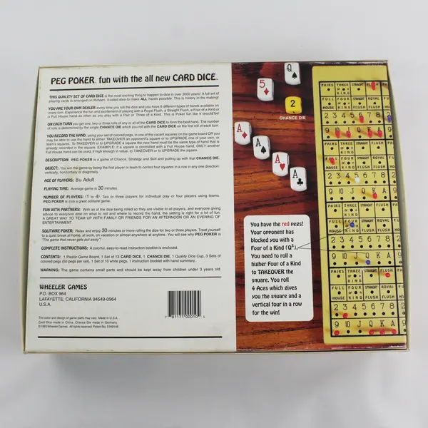 Vintage 1993 Peg Poker Board Game w/Card Dice, Wheeler Games #0010