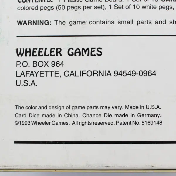 Vintage 1993 Peg Poker Board Game w/Card Dice, Wheeler Games #0010