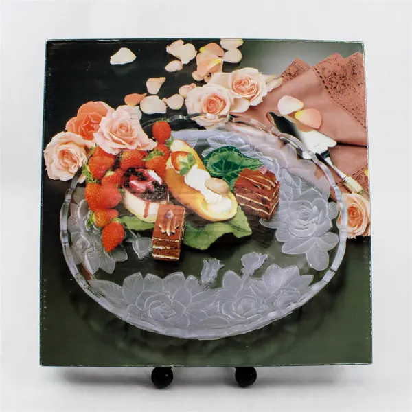 Home Beautiful Rose Pearls Pattern Clear Glass Crystal Deep Round Platter 14"