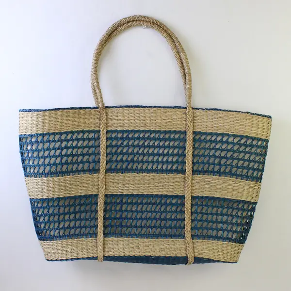 Teal Blue Woven Sea Grass Festival Beach Bag Tote 13.5"