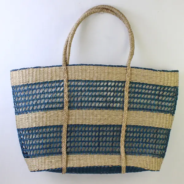 Teal Blue Woven Sea Grass Festival Beach Bag Tote 13.5"