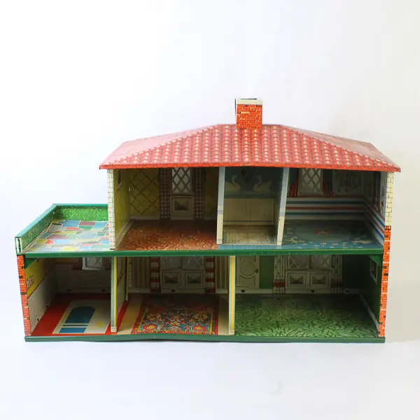 Vintage T. Cohn 1950s 2-Story Tin Litho Metal Dollhouse Mid-Century