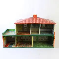 Vintage T. Cohn 1950s 2-Story Tin Litho Metal Dollhouse Mid-Century