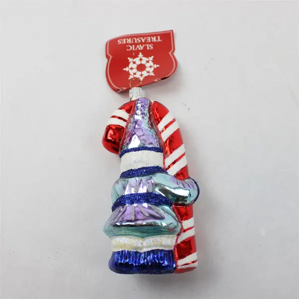 Slavic Treasures VTG X-mas Ornament Santa Figure Hugging Candy Cane 5" Tall VG