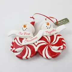 Peppermint Candy Snowman Our First Christmas Ornament New 5x6 in
