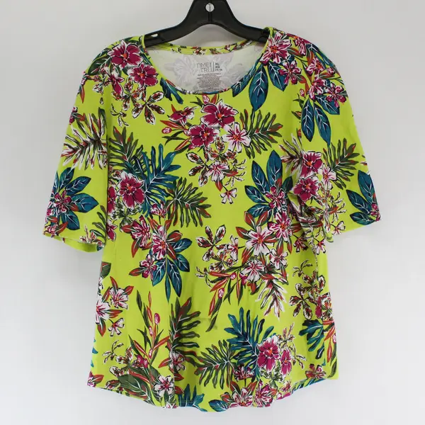 Time And Tru Tropical Floral Short Sleeve Top 100% Cotton Women's Size XL 16-18