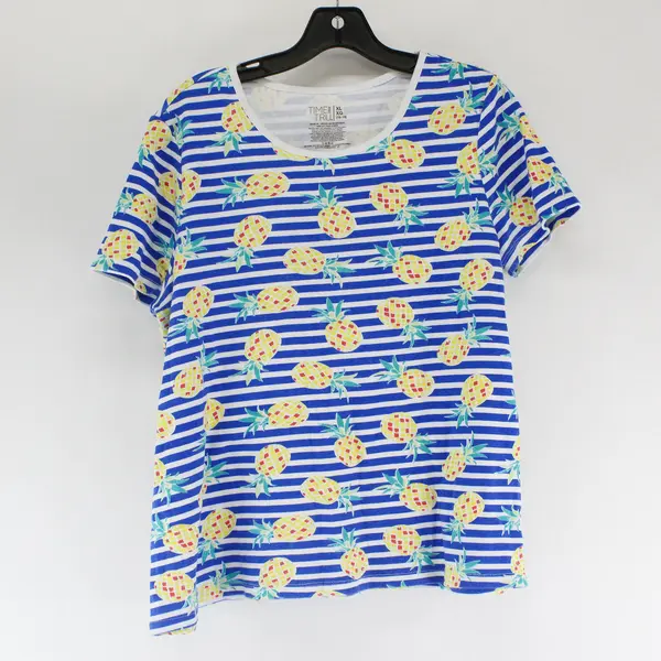 Time And Tru Pineapple Striped Short Sleeve Top 100% Cotton Womens Size XL 16-18