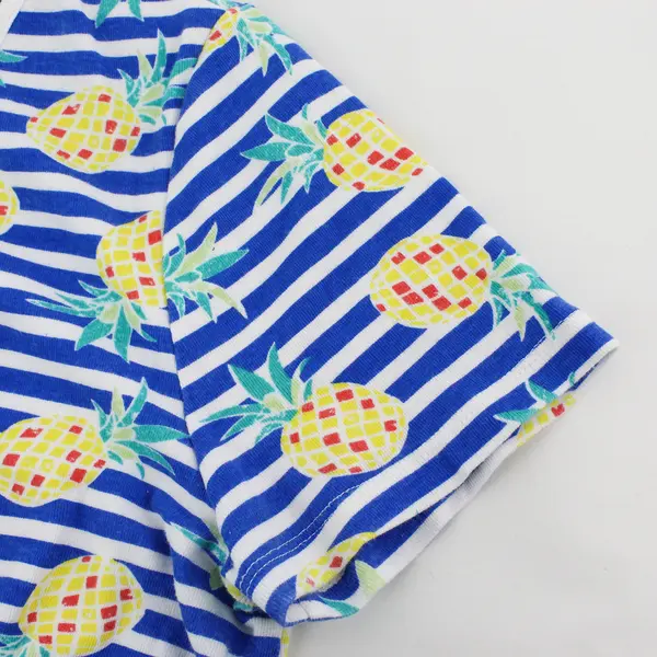 Time And Tru Pineapple Striped Short Sleeve Top 100% Cotton Womens Size XL 16-18
