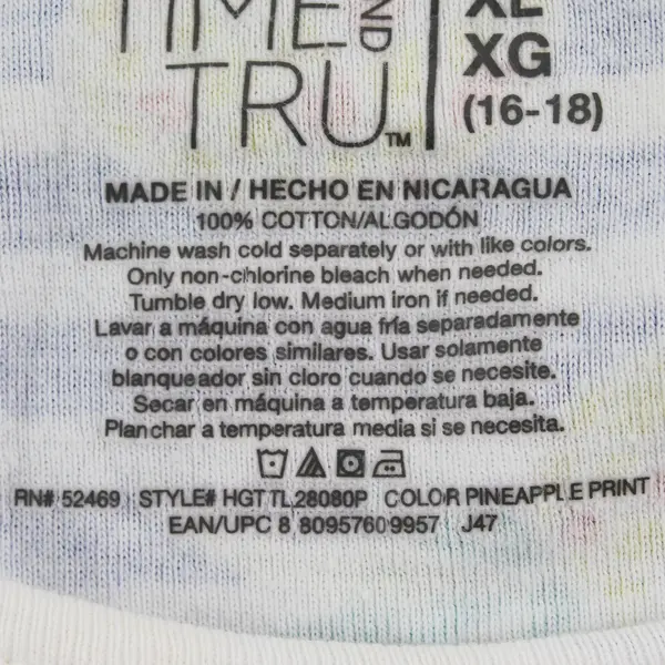 Time And Tru Pineapple Striped Short Sleeve Top 100% Cotton Womens Size XL 16-18