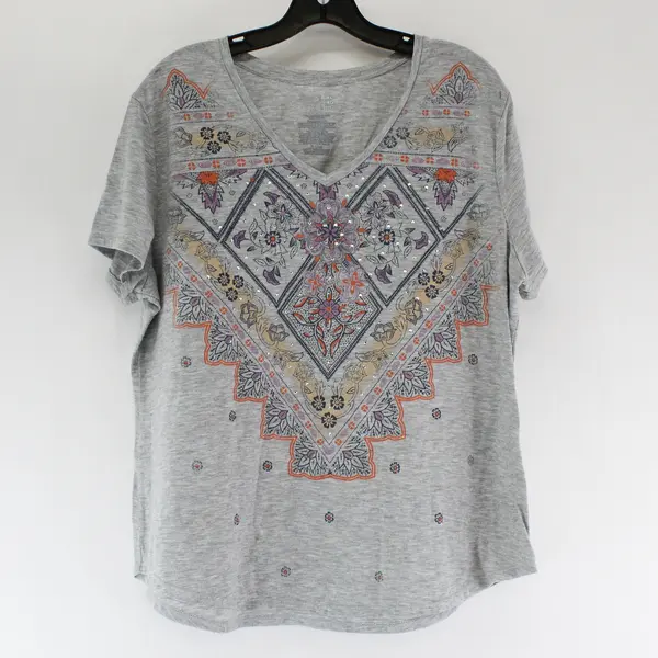 Time And Tru Gray Geometric Floral Short Sleeve Top Women's XL 16-18