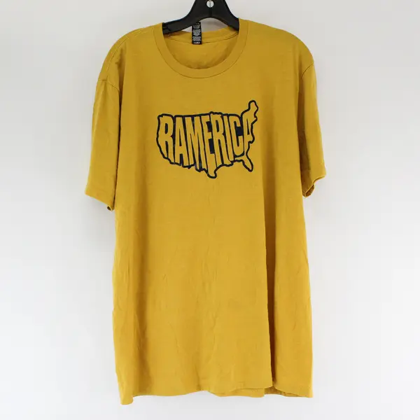 District Perfect Tri Yellow "Ramerica" Print Short Sleeve T-Shirt Womens Size XL