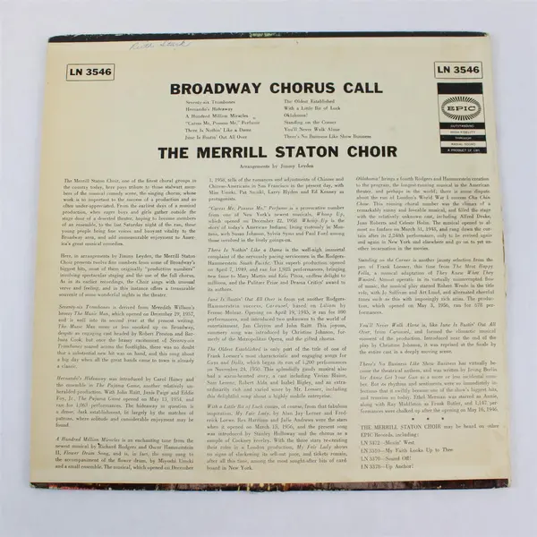 Broadway Chorus Call The Merrill Staton Choir 12" Vinyl Record