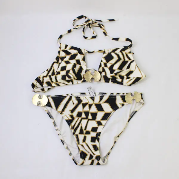 Trina Turk Women's M Black, Gold, White Geometric Gold-Toned Hardware Bikini Set
