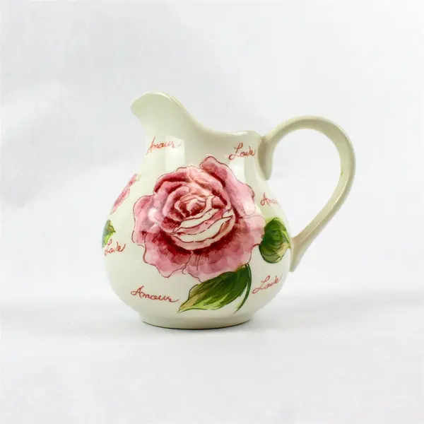 Pink Rose Bouquet "Love" White Ceramic Pitcher Floral Creamer