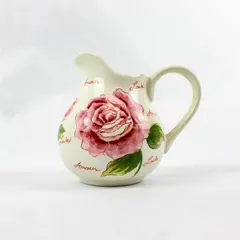 Pink Rose Bouquet "Love" White Ceramic Pitcher Floral Creamer