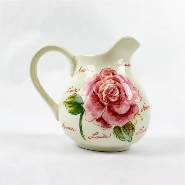 Pink Rose Bouquet "Love" White Ceramic Pitcher Floral Creamer