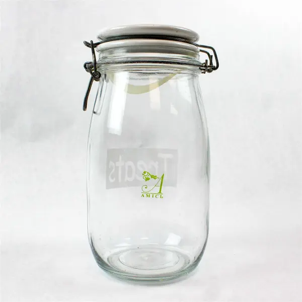 Glass Treat Jar w/ Ceramic Hinged White Lid 9" Cookie Canister