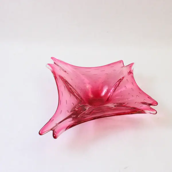 Pink Blown Art Glass Bowl w/ Bubbles & Winged Edges 10x12 in Collectible