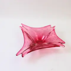 Pink Blown Art Glass Bowl w/ Bubbles & Winged Edges 10x12 in Collectible