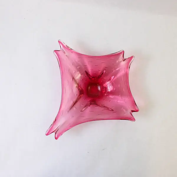 Pink Blown Art Glass Bowl w/ Bubbles & Winged Edges 10x12 in Collectible
