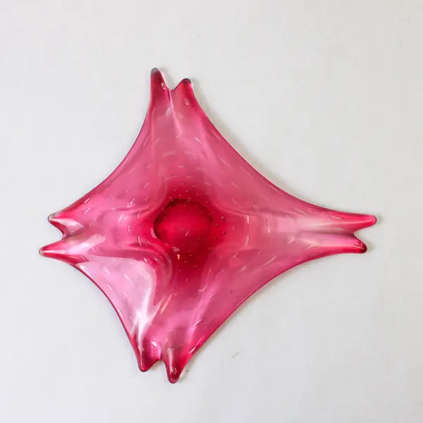 Pink Blown Art Glass Bowl w/ Bubbles & Winged Edges 10x12 in Collectible