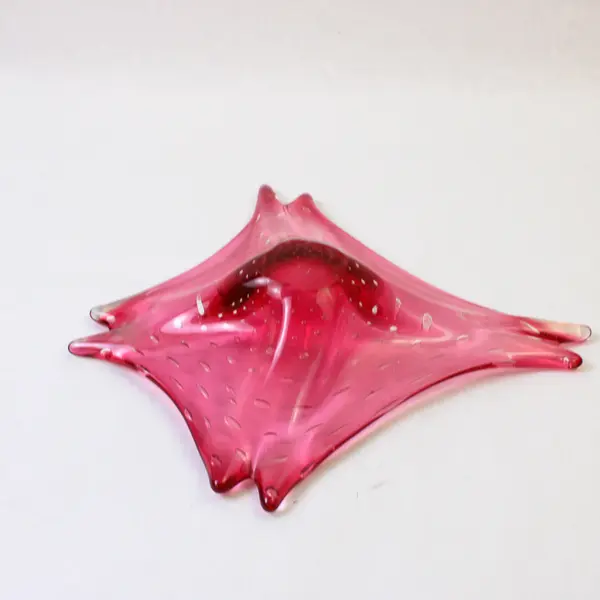 Pink Blown Art Glass Bowl w/ Bubbles & Winged Edges 10x12 in Collectible