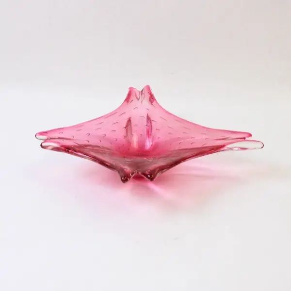 Pink Blown Art Glass Bowl w/ Bubbles & Winged Edges 10x12 in Collectible