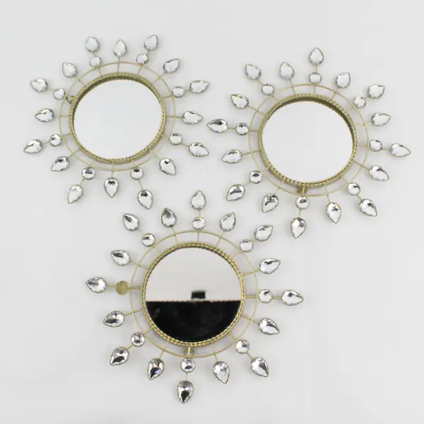 Lot of 3 Decorative Gold-Tone Round Starburst Wall Mirrors 10" FLAWED