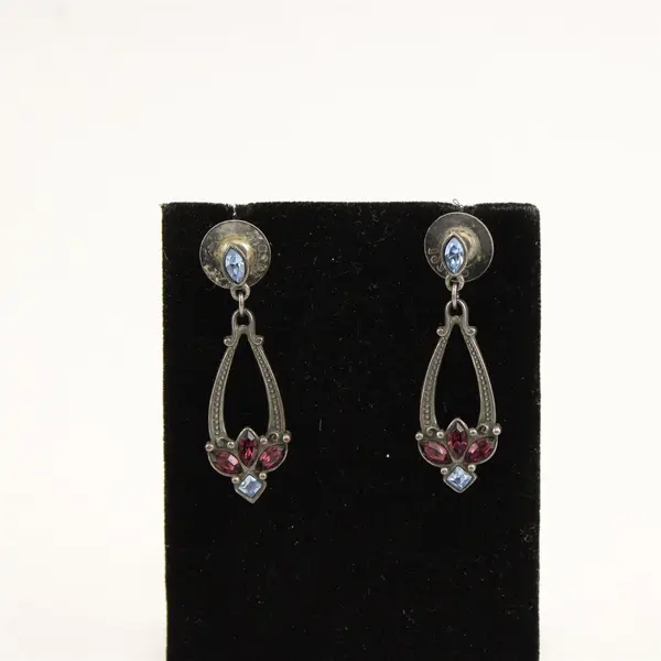 Pair of Vintage Pierced Drop Earrings with  Ruby & Blue Colored Stones