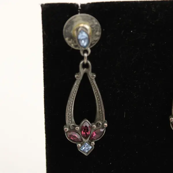 Pair of Vintage Pierced Drop Earrings with  Ruby & Blue Colored Stones