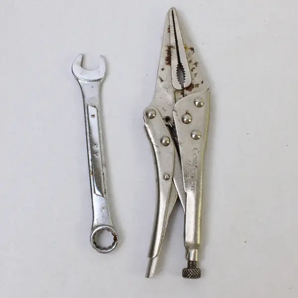 Lot of 2 Long Nose Locking Pliers & 7/16 Wrench Hand Tools 