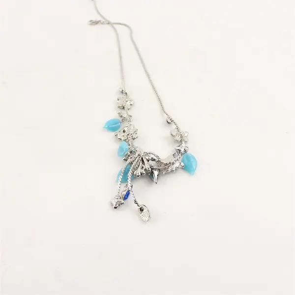 Ornate Silver-Tone & Blue Cabochon Blue Stones Fashion Necklace 19"