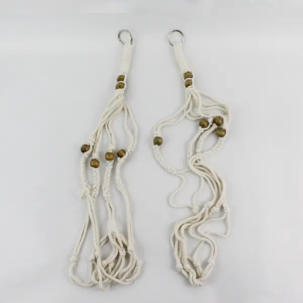 Lot Of 2 Unbranded Matching White Rope With Wood Beads Macrame Plant Hangers