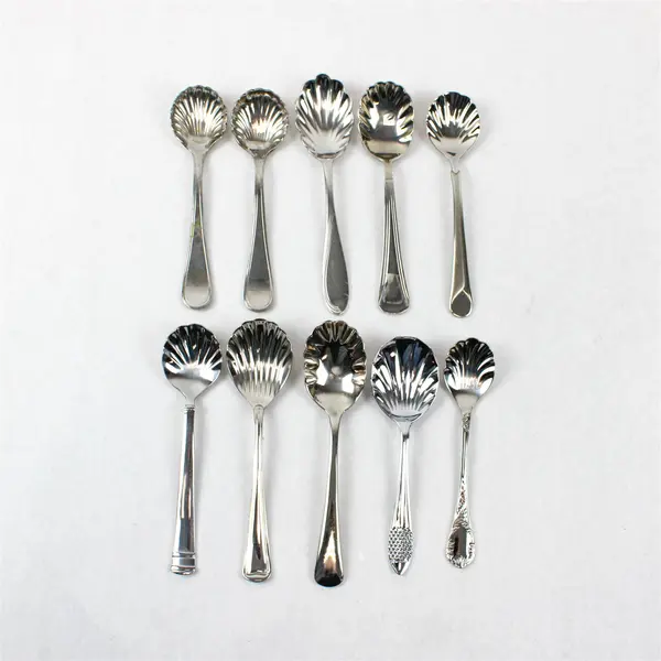 Lot of 10 Assorted Stainless Steel Shell Sugar Spoons Event Flatware