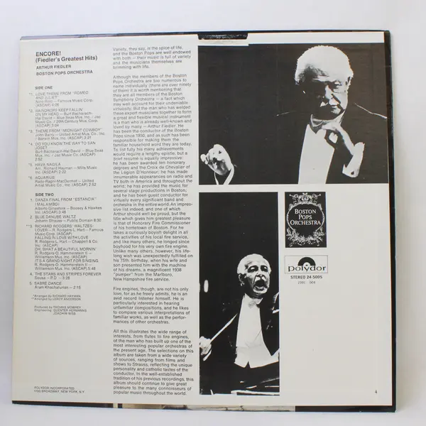 Arthur Fiedler - Encore (Fiedler's Greatest Hits) 12" Vinyl Record