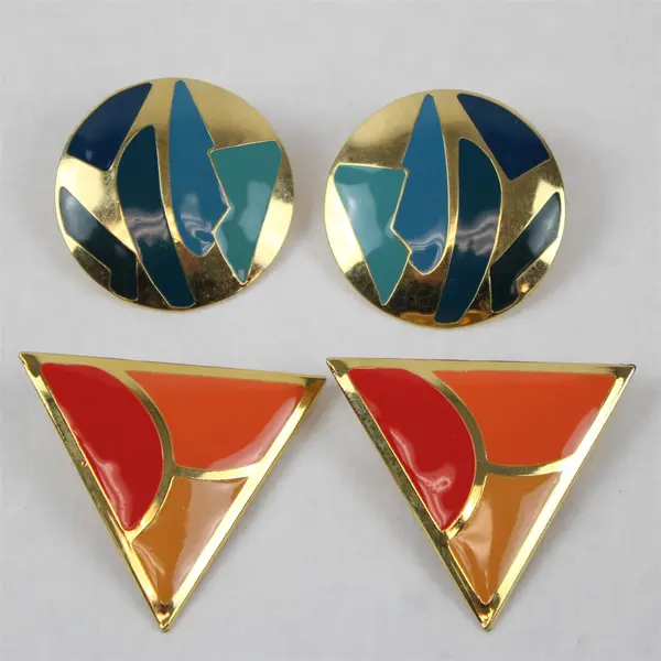 Lot of 2 Pairs Gold Tone Triangle Clip-On & Round Pierced Stud Earrings