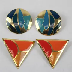 Lot of 2 Pairs Gold Tone Triangle Clip-On & Round Pierced Stud Earrings