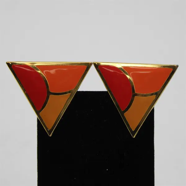 Lot of 2 Pairs Gold Tone Triangle Clip-On & Round Pierced Stud Earrings