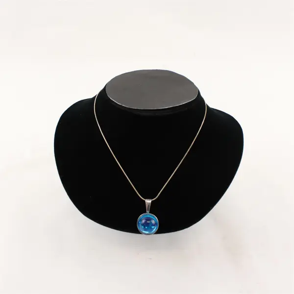 Silver-Tone Necklace Chain with Midnight Blue Acrylic Marble Pendant 15.8"L