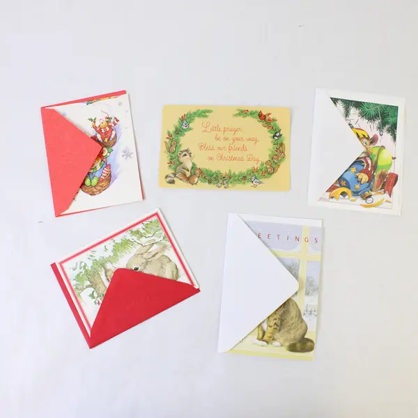 Lot of 5 Vintage Animal-Themed Christmas Greeting Cards