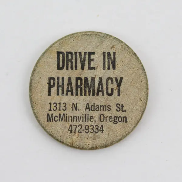 Vtg McMinnville Drive In Pharmacy Wooden Token Good For 50 Cents Trade
