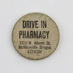 Vtg McMinnville Drive In Pharmacy Wooden Token Good For 50 Cents Trade