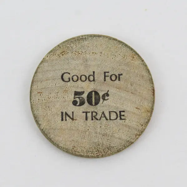 Vtg McMinnville Drive In Pharmacy Wooden Token Good For 50 Cents Trade