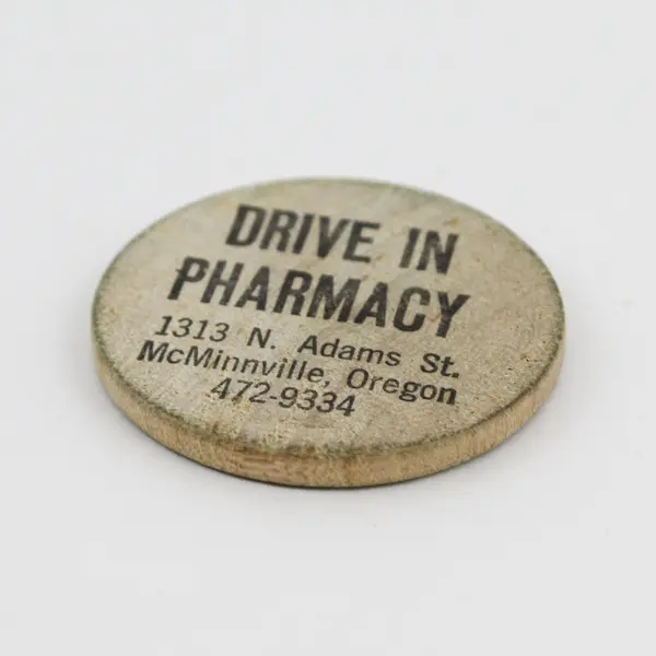 Vtg McMinnville Drive In Pharmacy Wooden Token Good For 50 Cents Trade