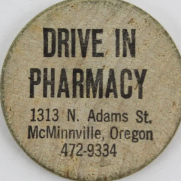 Vtg McMinnville Drive In Pharmacy Wooden Token Good For 50 Cents Trade