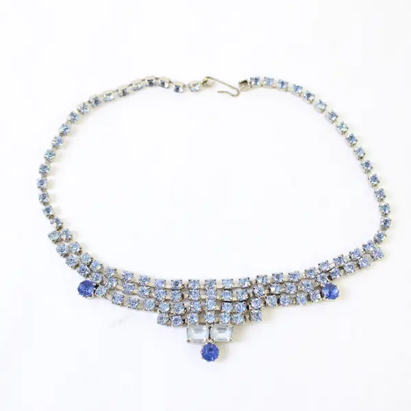 Vintage Blue Rhinestone Silver-Tone Choker Necklace 14.5" Flawed