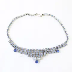 Vintage Blue Rhinestone Silver-Tone Choker Necklace 14.5" Flawed