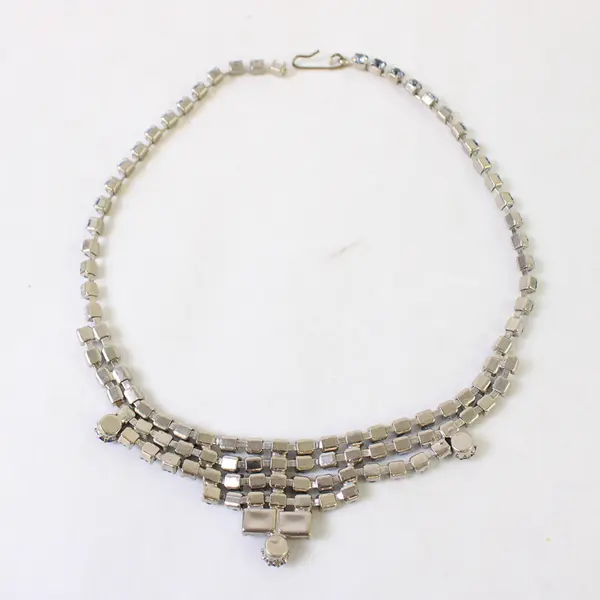 Vintage Blue Rhinestone Silver-Tone Choker Necklace 14.5" Flawed