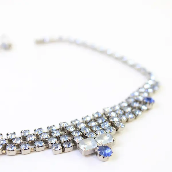 Vintage Blue Rhinestone Silver-Tone Choker Necklace 14.5" Flawed